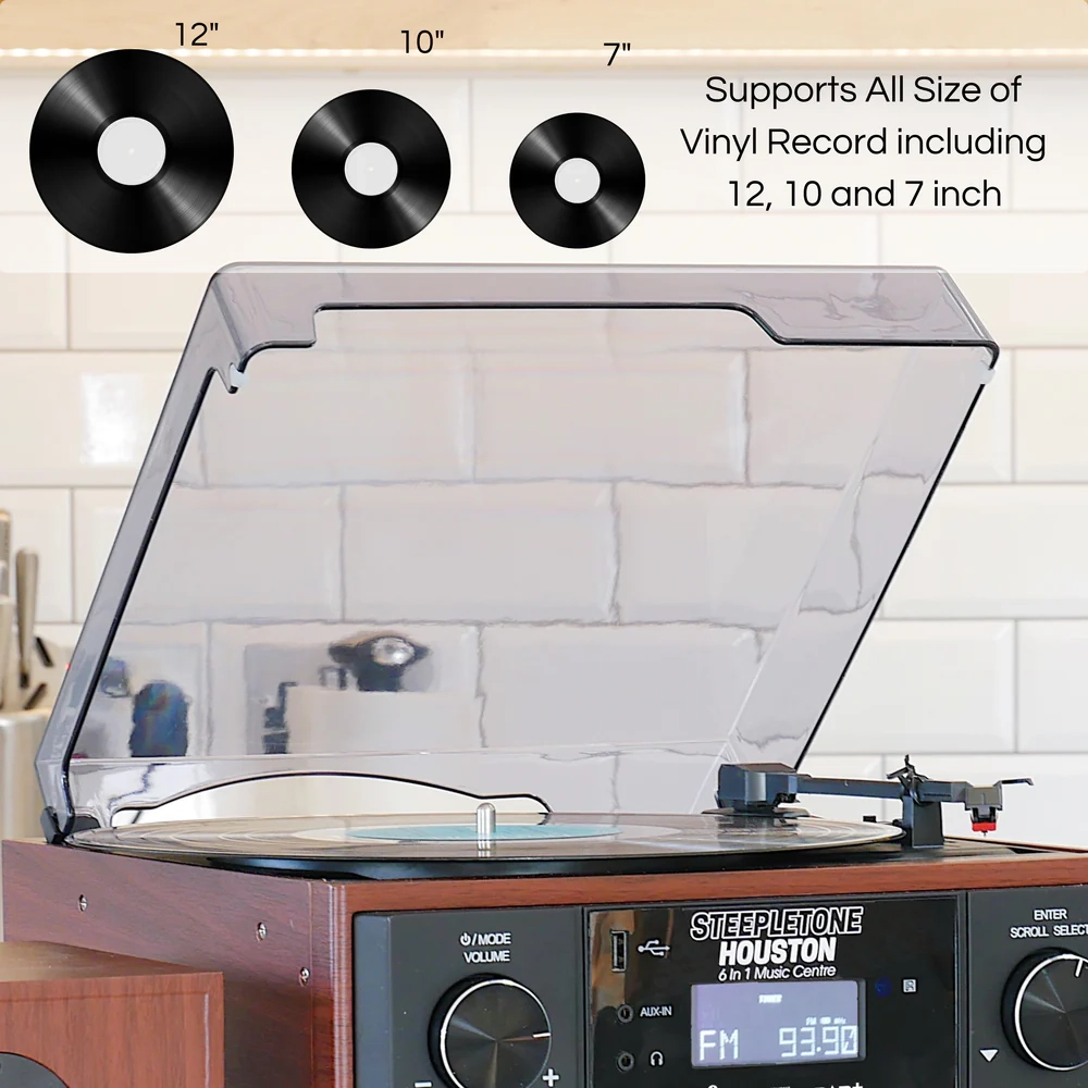 Steepletone Houston 6-in-1 Music System with CD Player, Bluetooth, DAB+/FM & USB Wireless Speakers (Black & Wood)