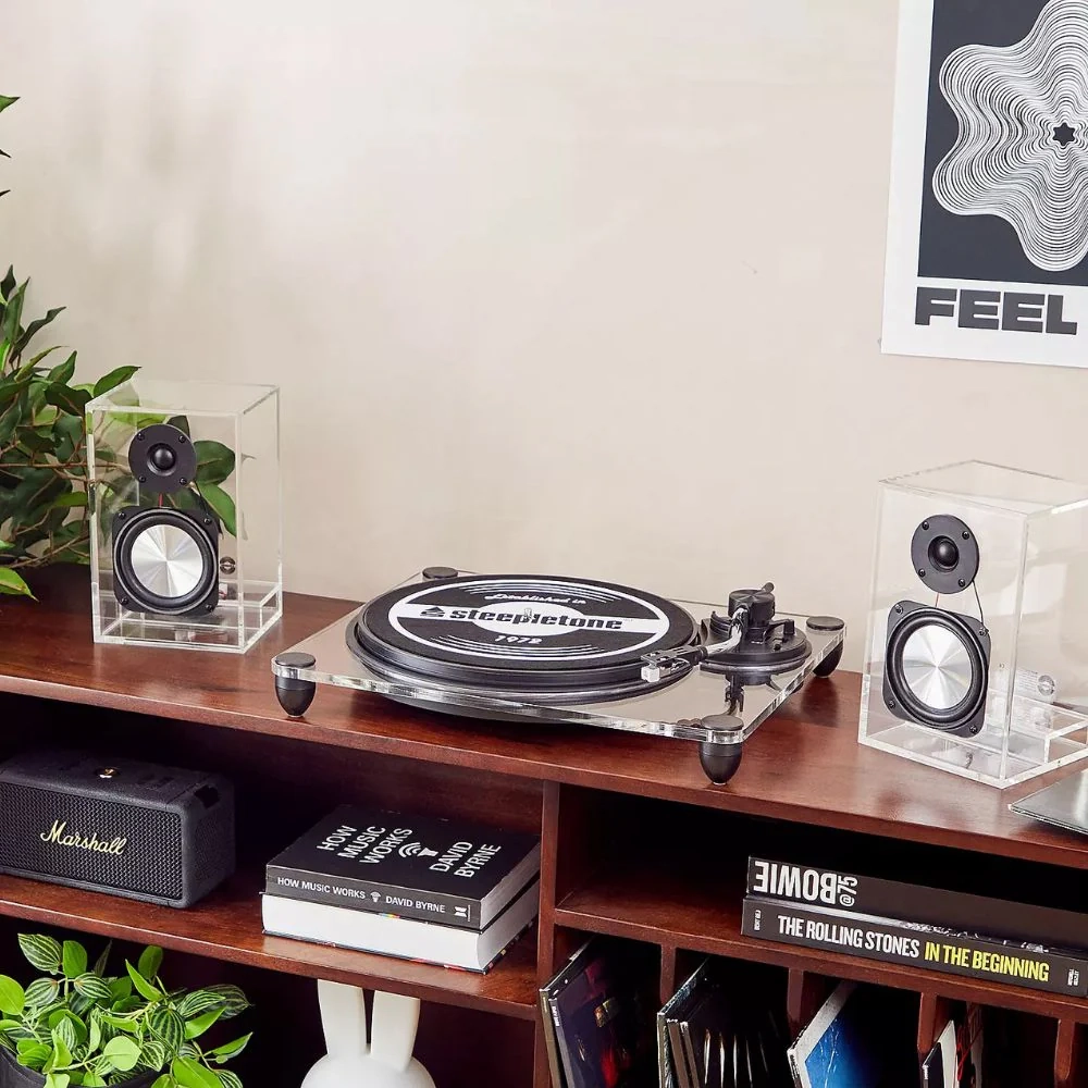 Steepletone SoHo Clear Professional Turntable Record Player with Wireless Bluetooth Speakers