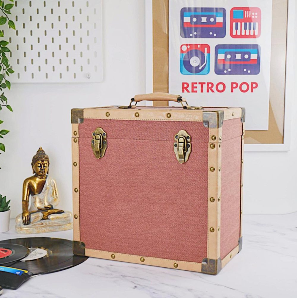 Steepletone SRB2 12 Inch LP Vinyl Record Storage Carry Case (Pink & White Cloth)