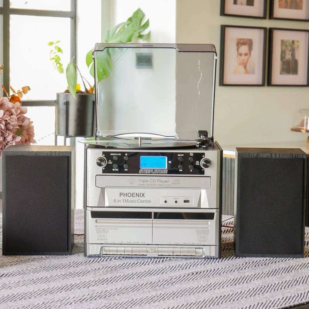 Steepletone Phoenix 6-in-1 High Powered Music System with Triple CD Player, Twin Cassette, MP3 Recording and Bluetooth Playback