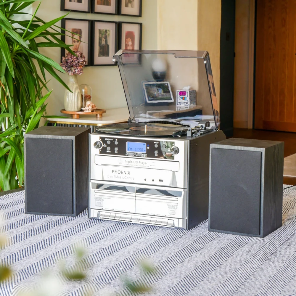 Steepletone Phoenix 6-in-1 High Powered Music System with Triple CD Player, Twin Cassette, MP3 Recording and Bluetooth Playback