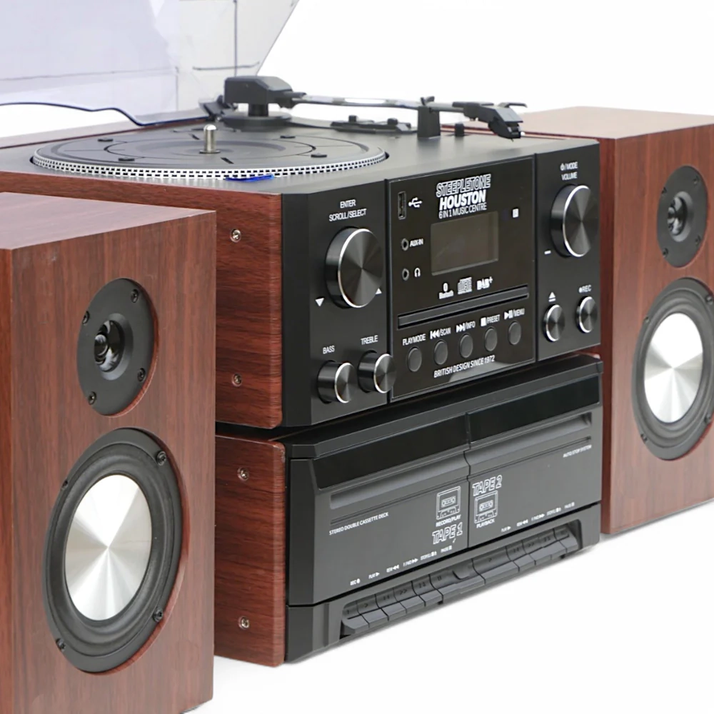 Steepletone Houston XP 6-in-1 Music System with CD Player Bluetooth DAB+/FM & USB Wireless Speakers (Black & Teak)