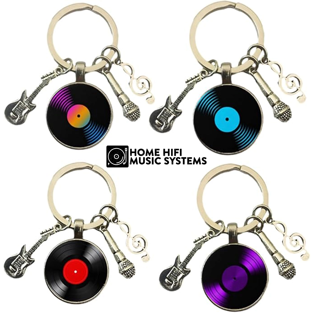 Music Lover’s Keychain Set �?Guitar, Record, Microphone & Note Charms