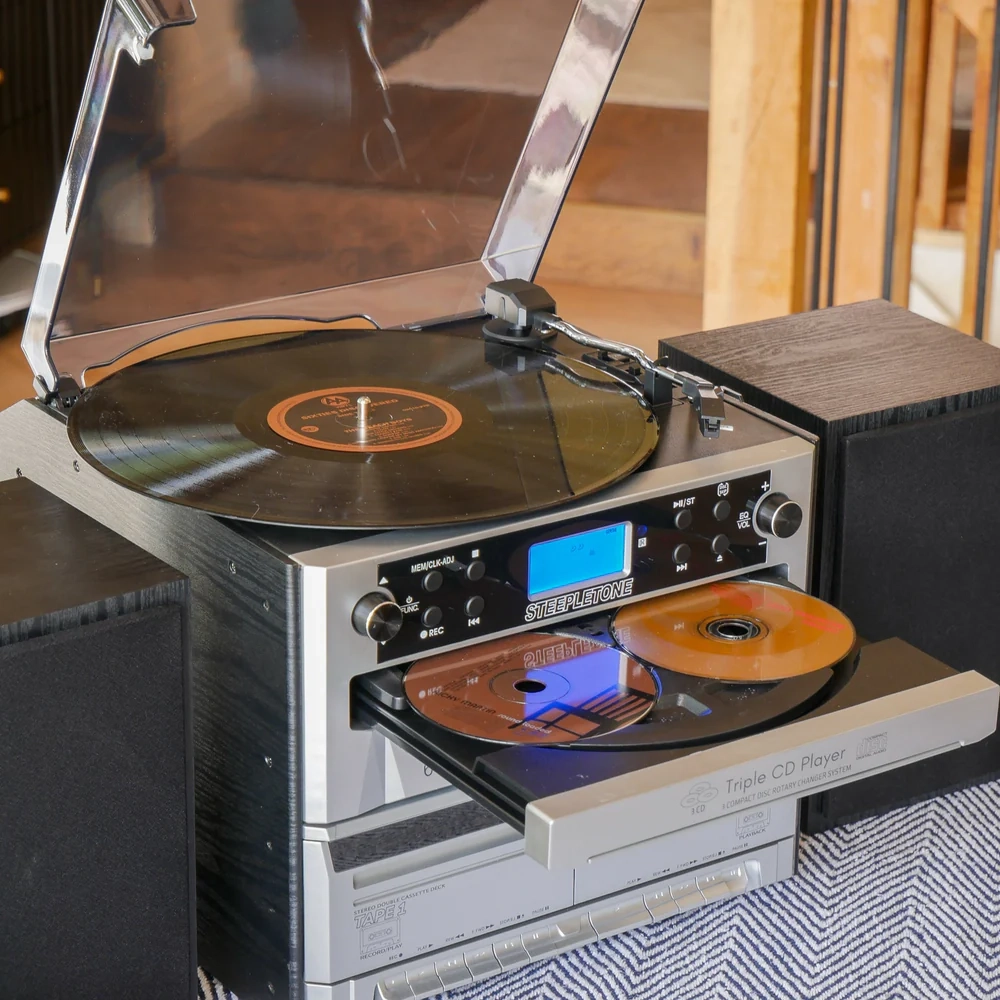 Steepletone Phoenix 6-in-1 High Powered Music System with Triple CD Player, Twin Cassette, MP3 Recording and Bluetooth Playback