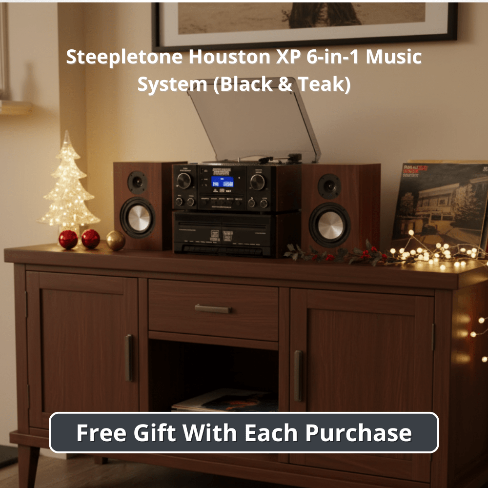 Steepletone Houston XP 6-in-1 Music System with CD Player Bluetooth DAB+/FM & USB Wireless Speakers (Black & Teak)