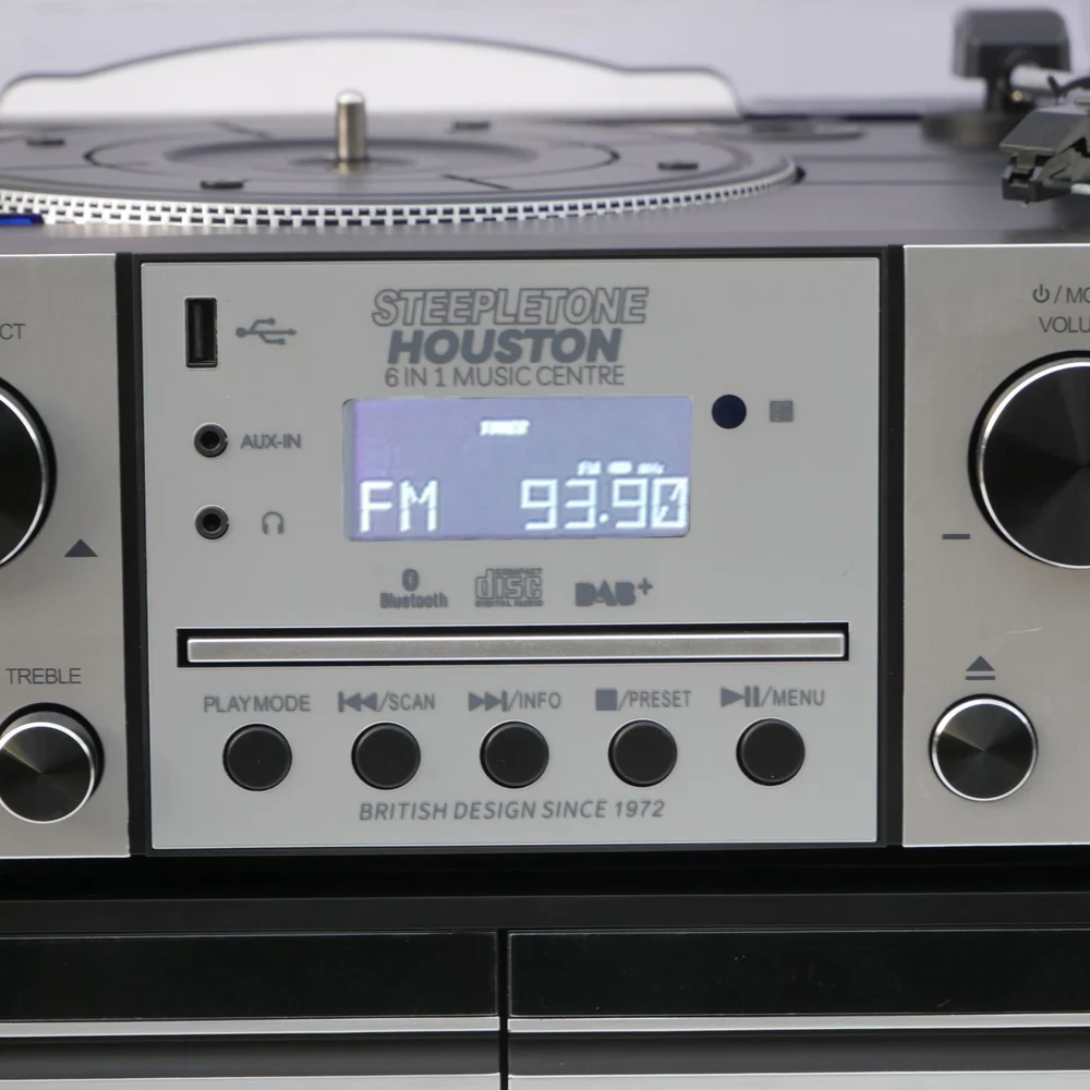 Steepletone Houston XP 6-in-1 Music System with CD Player Bluetooth DAB+/FM & USB Wireless Speakers (Silver & Black)