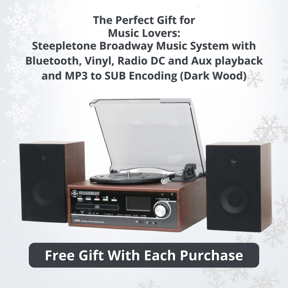 Steepletone Broadway MP3 Music System, with Bluetooth, Vinyl, Radio DC and Aux playback and MP3 to SUB Encoding (Dark Wood)