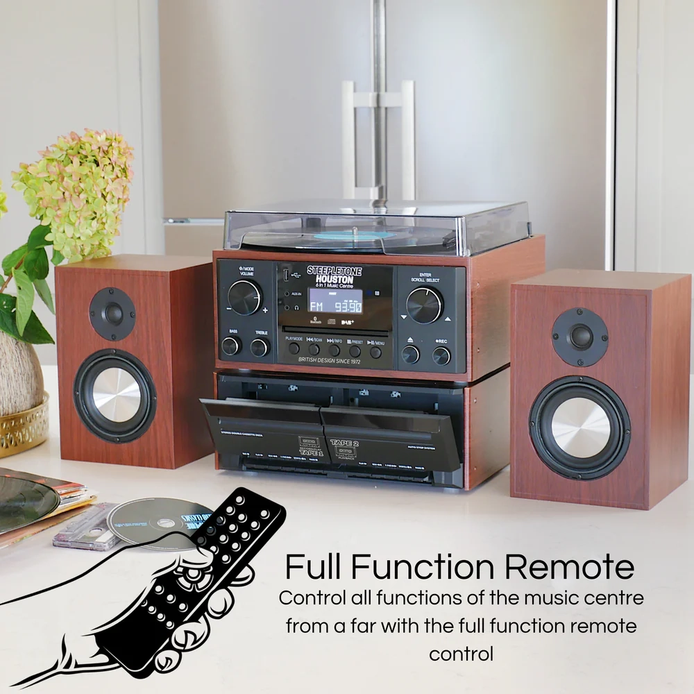 Steepletone Houston XP 6-in-1 Music System with CD Player Bluetooth DAB+/FM & USB Wireless Speakers (Black & Teak)