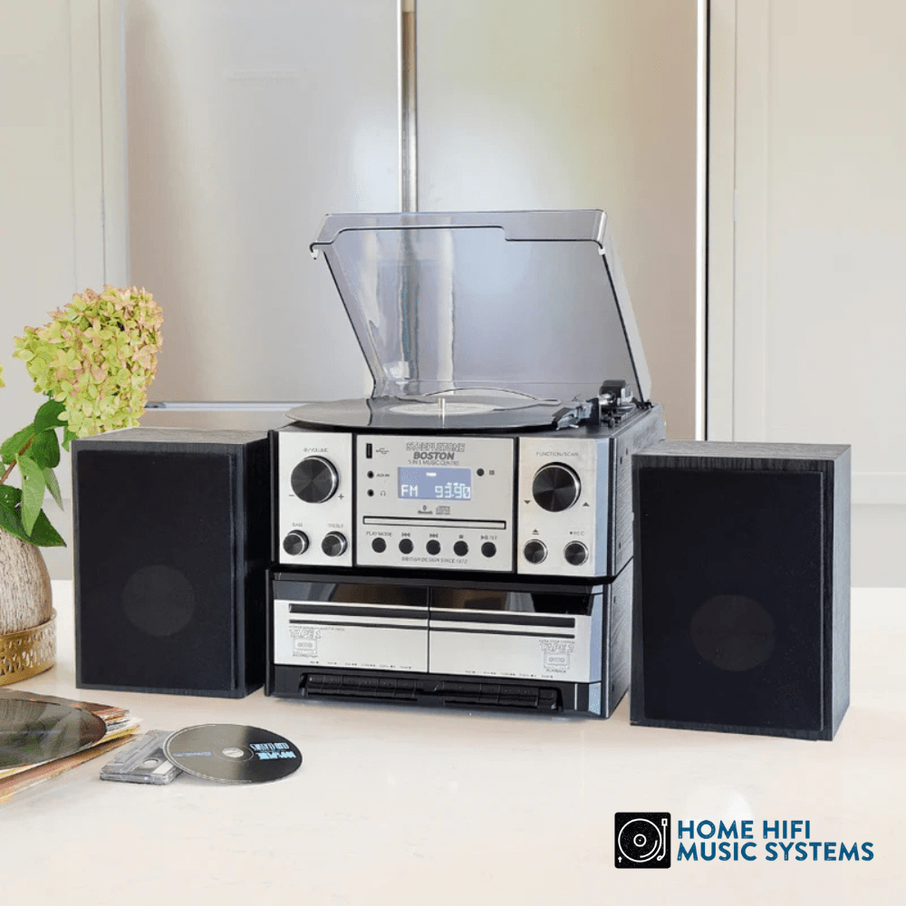 Steepletone Boston XP 5-in-1 Music System with CD Player Bluetooth Playback & USB Recording (Silver & Black)
