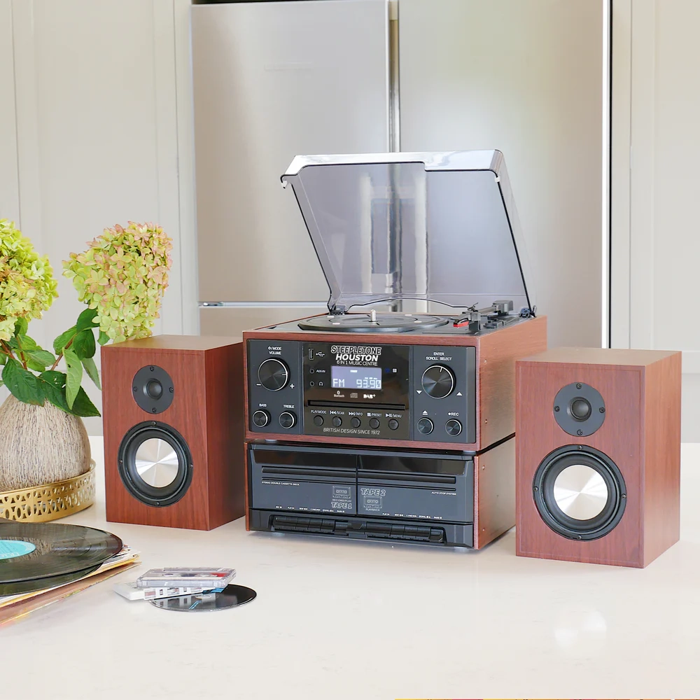 Steepletone Houston 6-in-1 Music System with CD Player, Bluetooth, DAB+/FM & USB Wireless Speakers (Black & Wood)