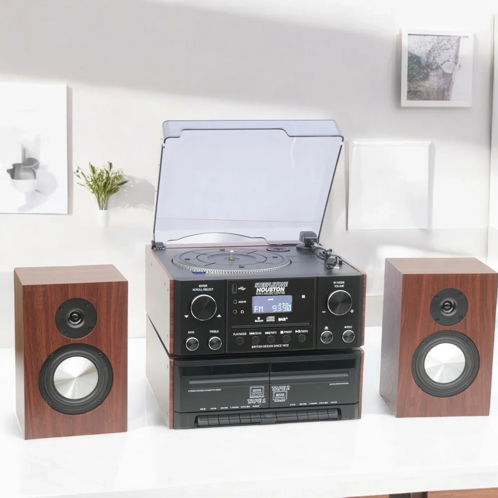 Steepletone Houston XP 6-in-1 Music System with CD Player Bluetooth DAB+/FM & USB Wireless Speakers (Black & Teak)