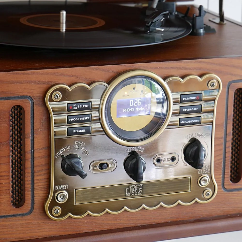 Steepletone Westminster 7 in 1 Bluetooth 3-Speed Nostalgia Record Player DAB+ FM Radio CD Player with Bluetooth