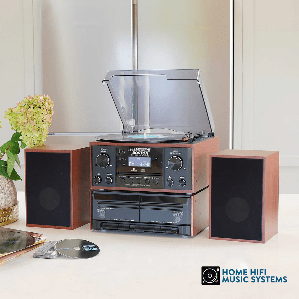 Steepletone Boston XP 5-in-1 Music System with CD Player Bluetooth Playback & USB Recording (Black & Wood)