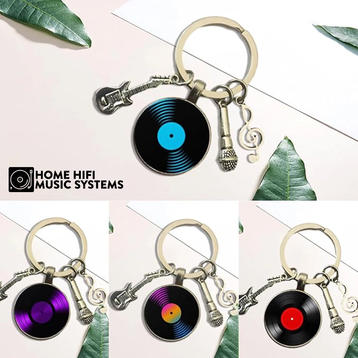 Music Lover’s Keychain Set �?Guitar, Record, Microphone & Note Charms