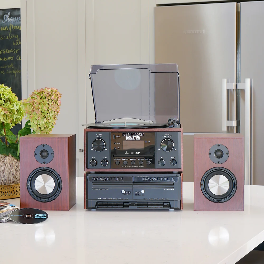 Steepletone Houston XP 6-in-1 Music System with CD Player Bluetooth DAB+/FM & USB Wireless Speakers (Black & Teak)