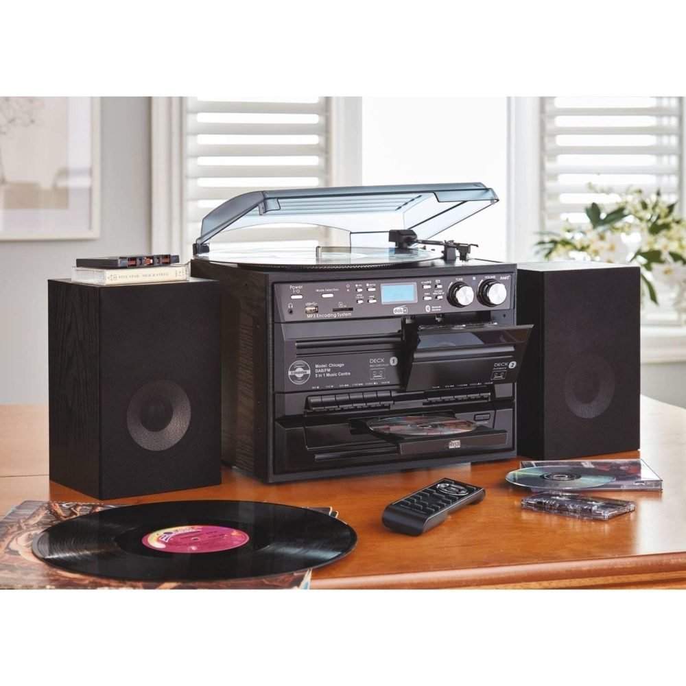 Steepletone Chicago 6-in-1 Recording Music System with Bluetooth, DAB+/FM Radio & Twin Cassette Decks (Black)