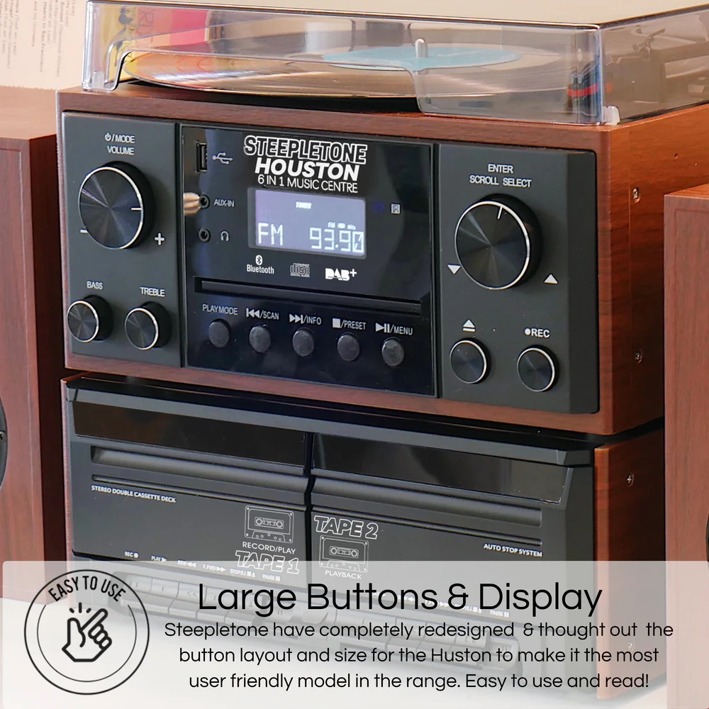 Steepletone Houston XP 6-in-1 Music System with CD Player Bluetooth DAB+/FM & USB Wireless Speakers (Black & Teak)