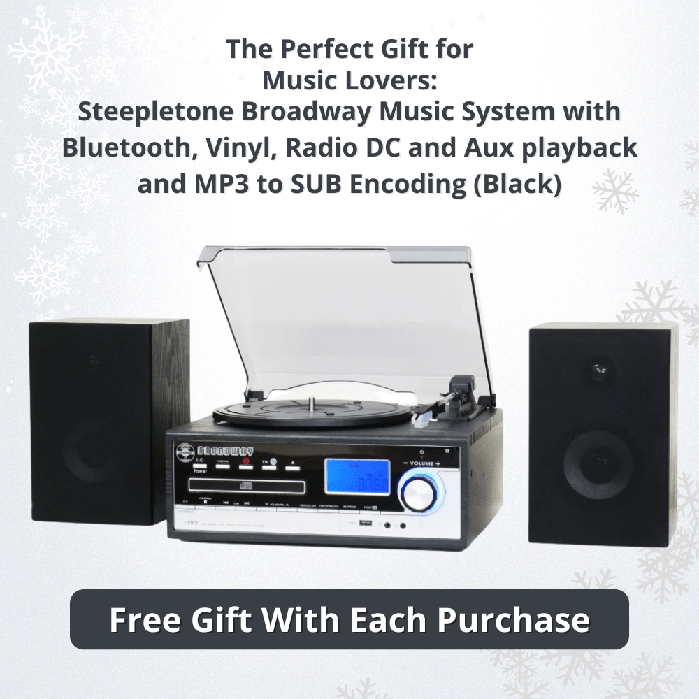Steepletone Broadway MP3 Music System with Bluetooth, Vinyl, Radio DC and Aux playback and MP3 to SUB Encoding (Black)