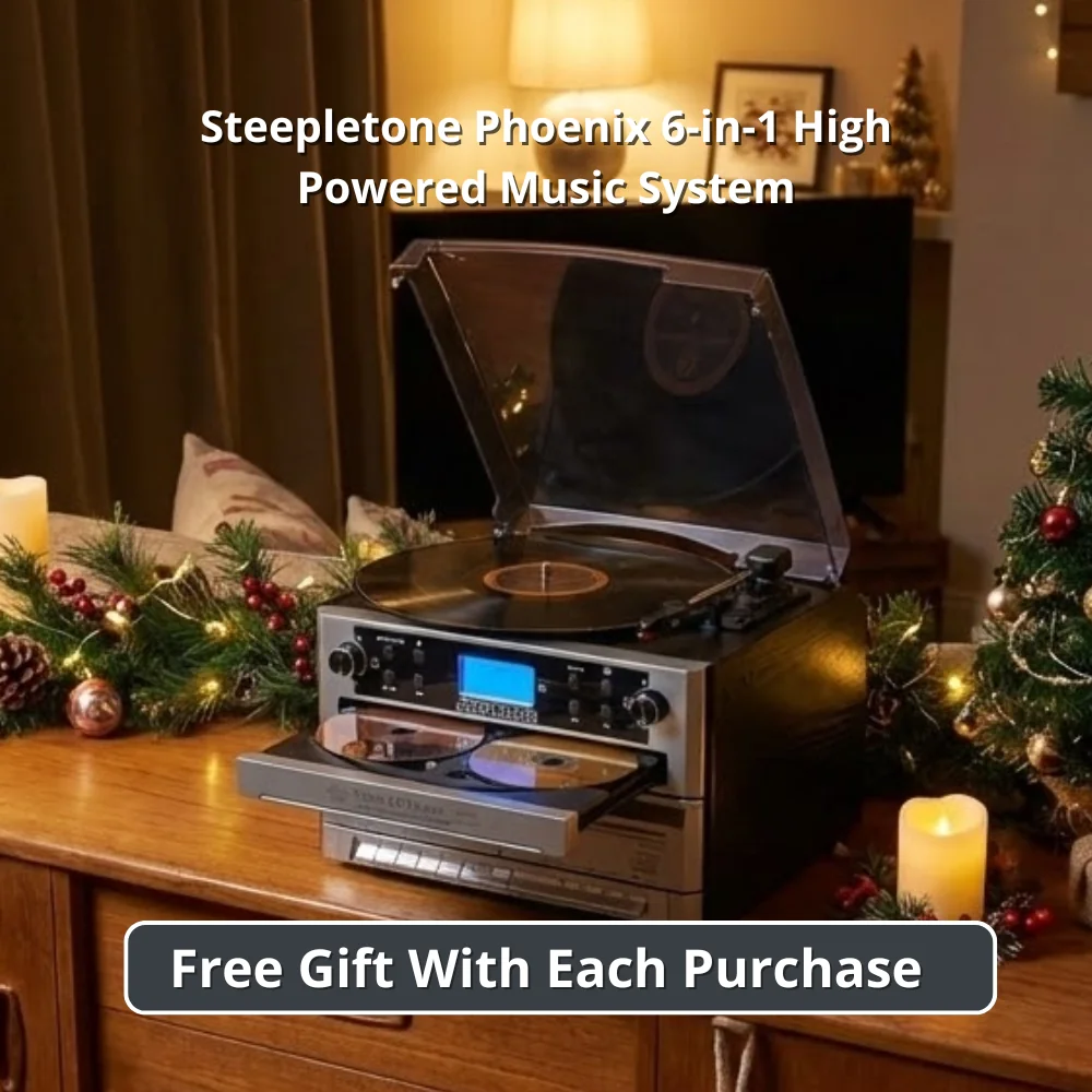 Steepletone Phoenix 6-in-1 High Powered Music System with Triple CD Player, Twin Cassette, MP3 Recording and Bluetooth Playback
